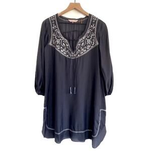 Rebecca Taylor Navy Silver Embroidered Silk Boho Mini Dress Size 4